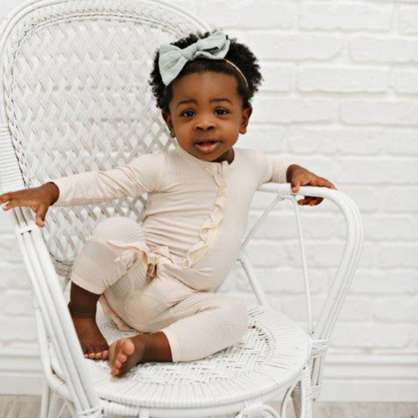 ruffle-2-way-zip-romper-ribbed-oatmeal Presley Couture at Sophia's Style-Baby Zip Romper-1